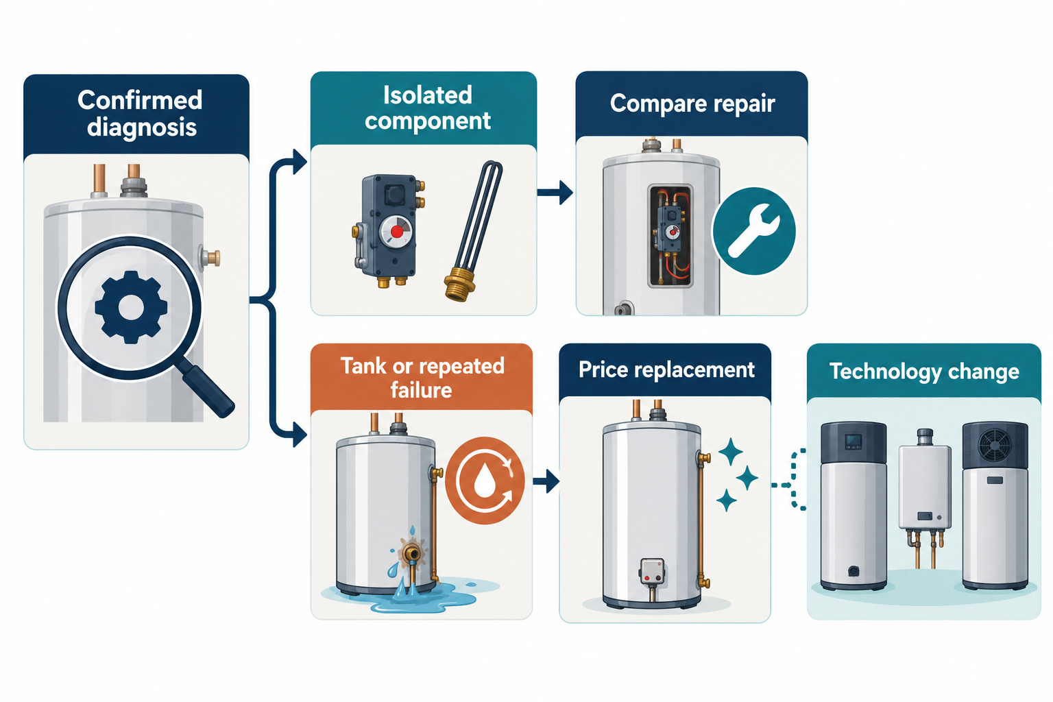 An isolated component failure supports comparing repair, while tank leaks or repeated failures support pricing replacement and any technology change separately.