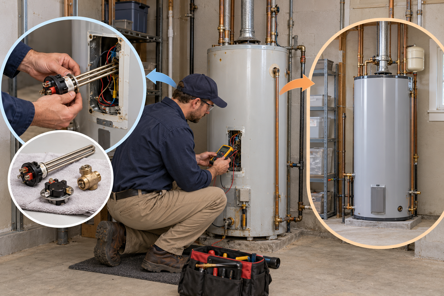 A technician evaluates a repairable heater component beside the alternative of a complete new water heater installation.