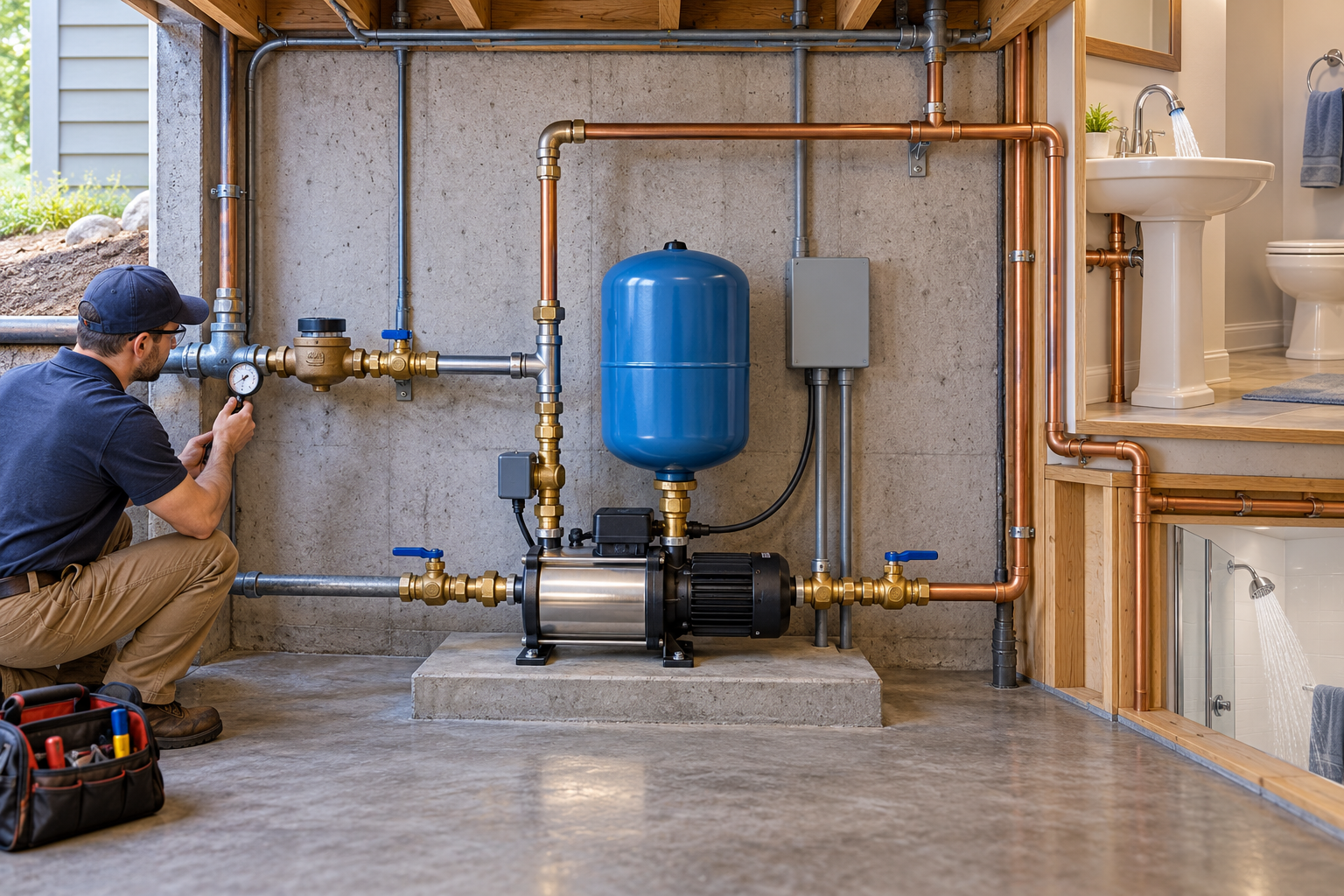 A plumber measures incoming pressure before a booster pump, pressure tank, controls, and valves serve household fixtures.