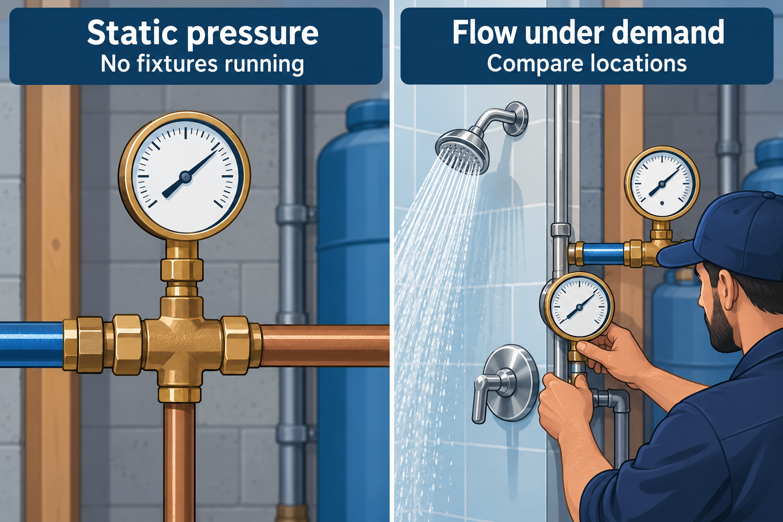 Static pressure is observed with fixtures off; flow under demand is compared at more than one location.