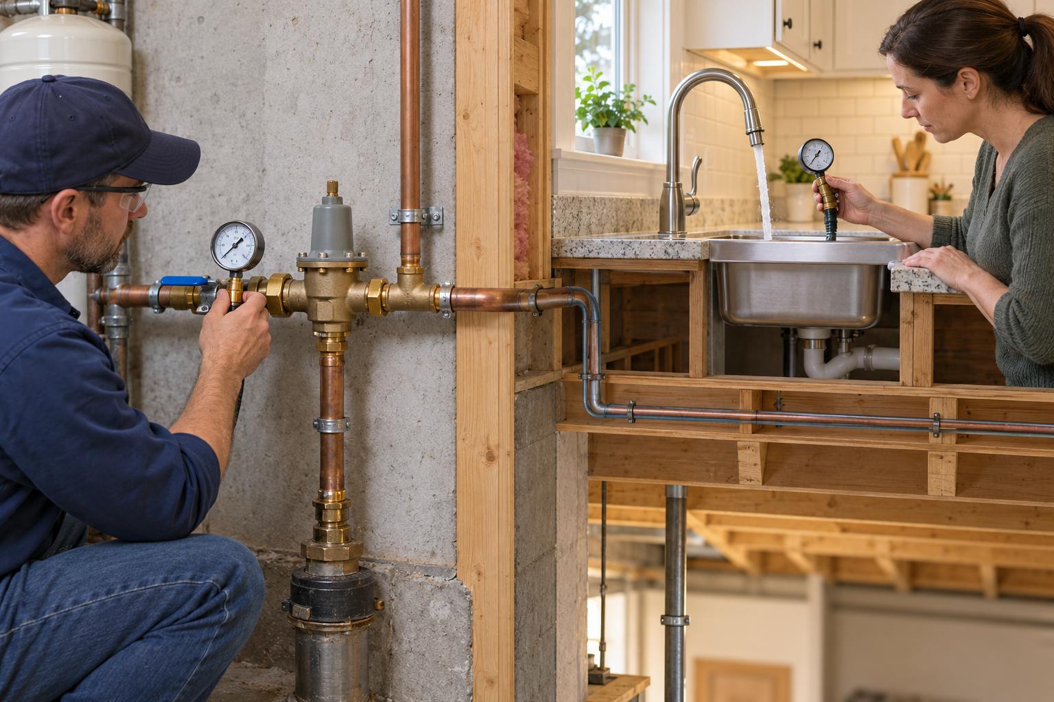 A plumber checks the main pressure regulator while a separate flowing faucet is checked at a fixture.