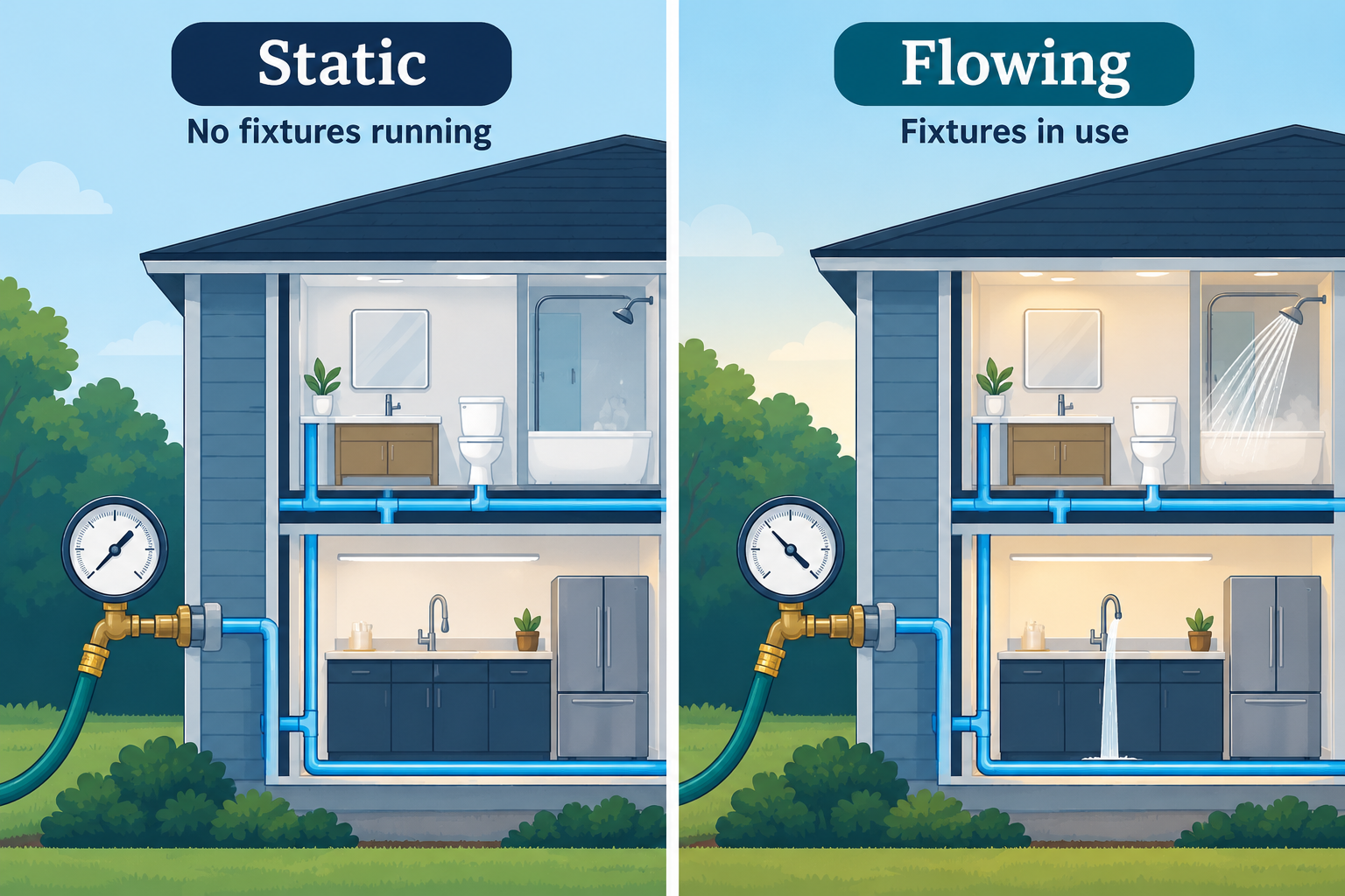 Static pressure is observed with no fixtures running; flowing pressure is observed while fixtures are in use.