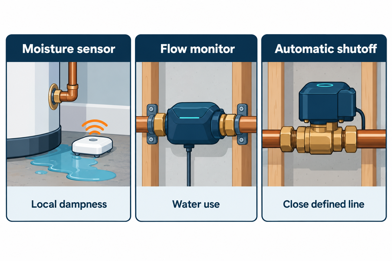 A moisture sensor detects local dampness, a flow monitor observes water use, and an automatic shutoff can close a defined line.