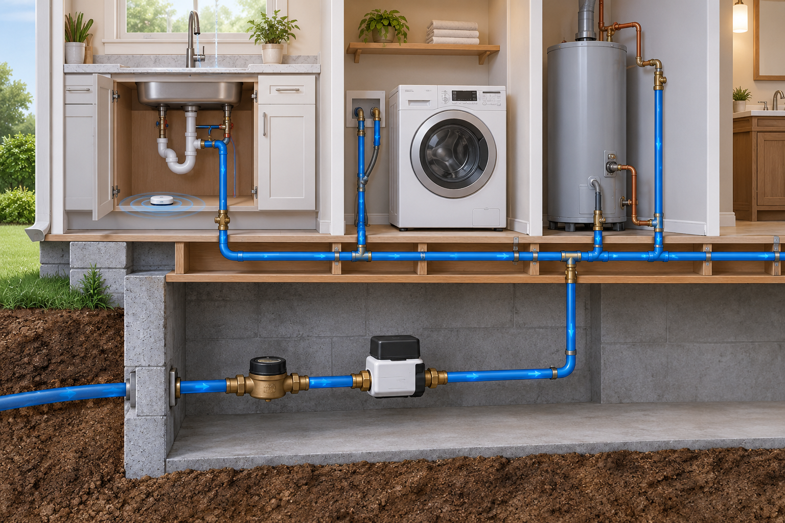 A local moisture sensor sits under a sink while an in-line monitor and shutoff serve the home’s main water line.
