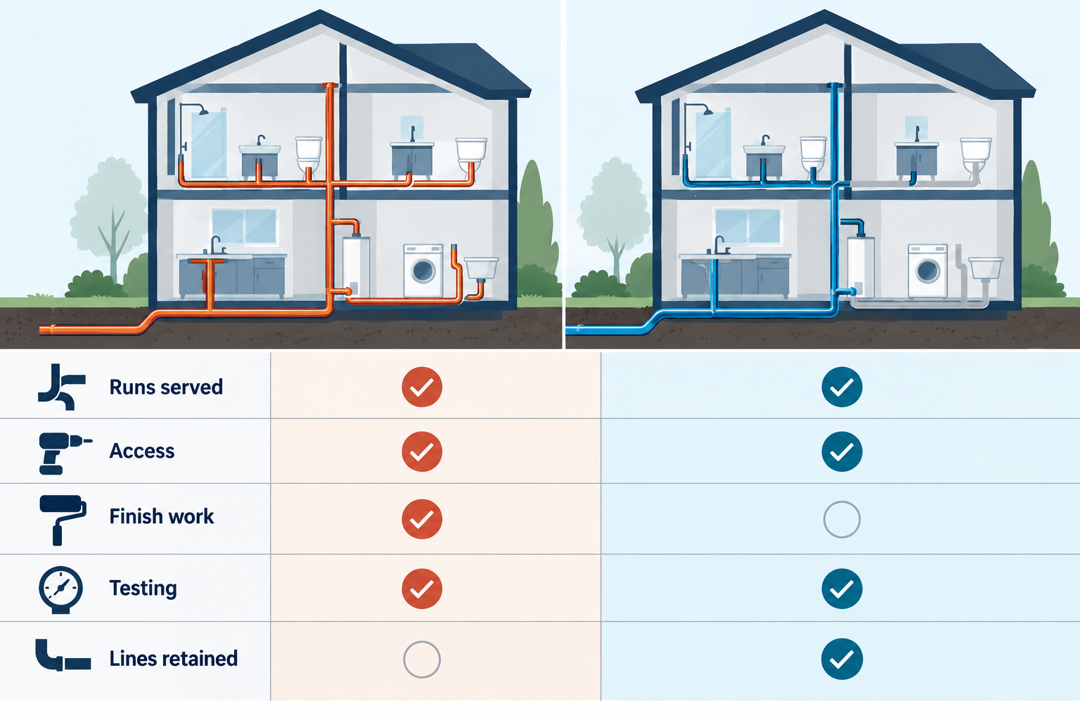 Two repiping proposals can differ in runs served, access, finish work, testing, and existing lines retained.