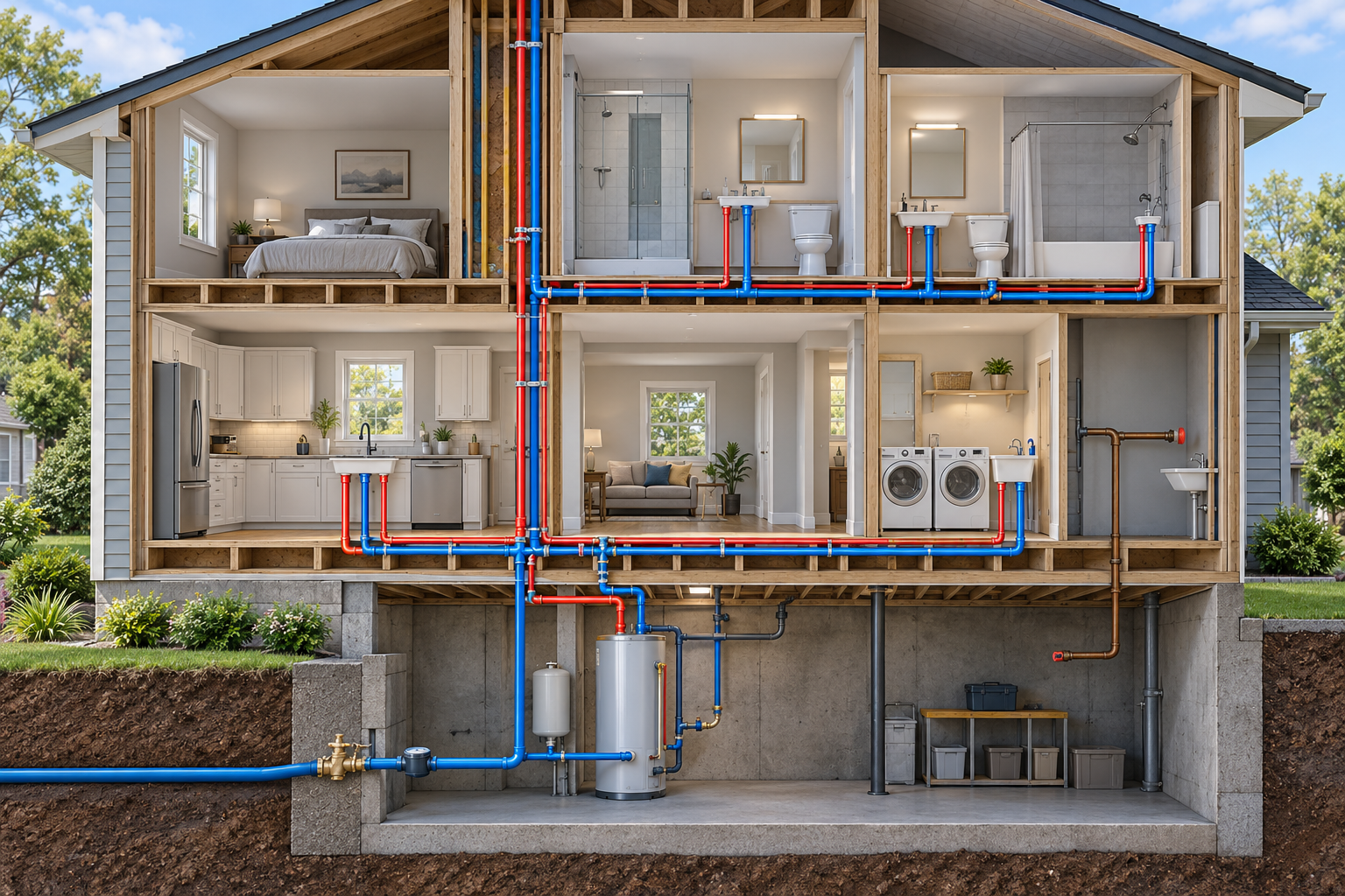A house cutaway shows replacement water lines serving fixtures alongside a separate older branch left in place.