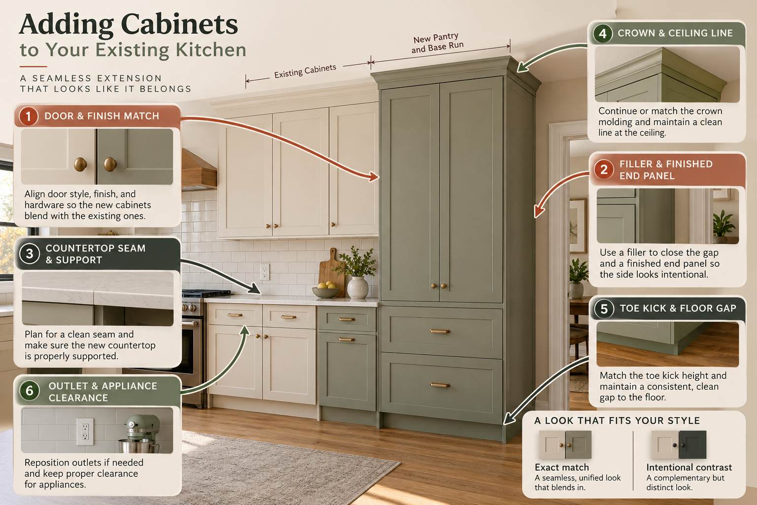A new cabinet addition meets existing finishes, fillers, countertop seam, toe kick, flooring, crown, and clearances; choose an exact match or an intentional contrast.