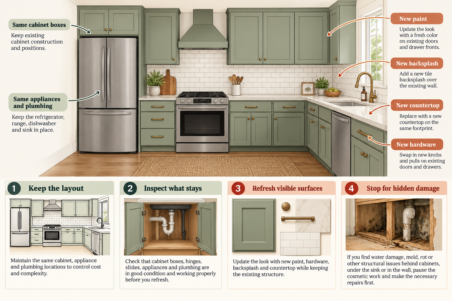 A cosmetic kitchen refresh retains cabinet boxes and appliance and plumbing positions while updating paint, backsplash, countertop, or hardware; inspect retained items and pause for hidden damage.