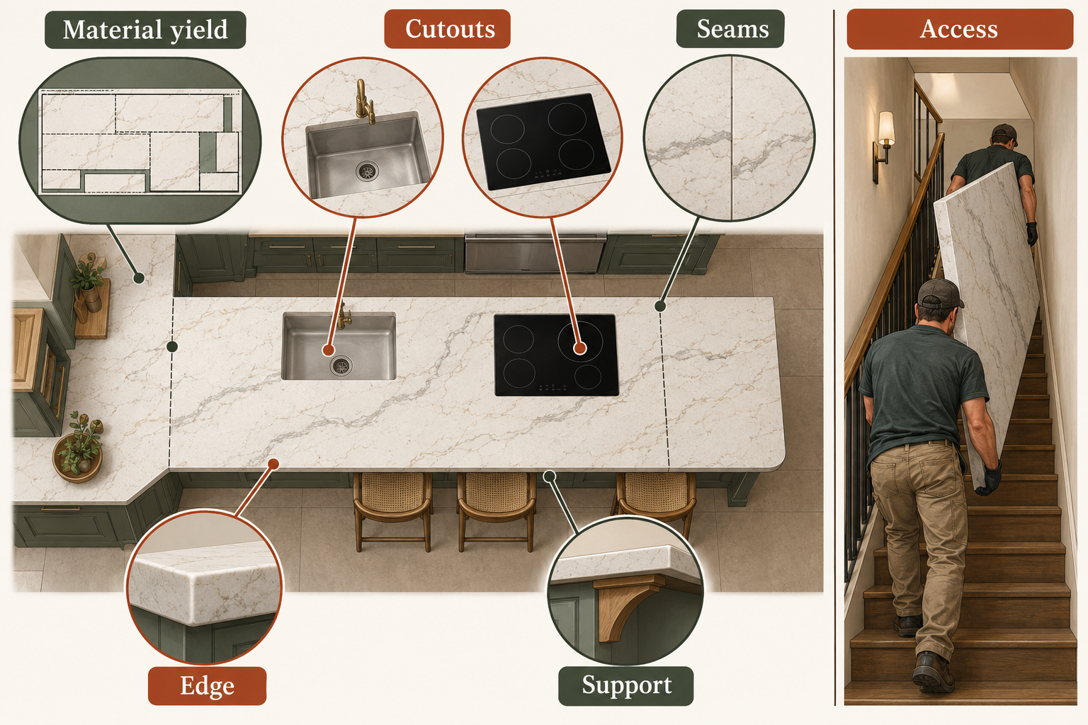 Countertop fabrication cost drivers include slab or sheet yield, sink and cooktop cutouts, seams, edges, overhang supports, and delivery access.