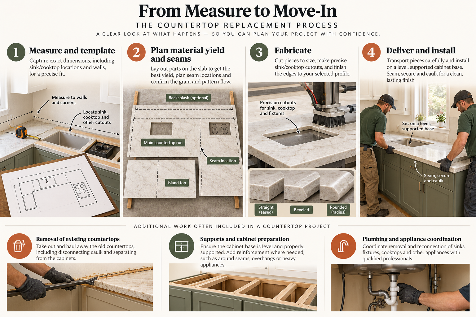 Countertop replacement proceeds from templating and material yield planning through fabrication to installation on a level supported cabinet base, with removal and utility coordination priced as explicit scope.