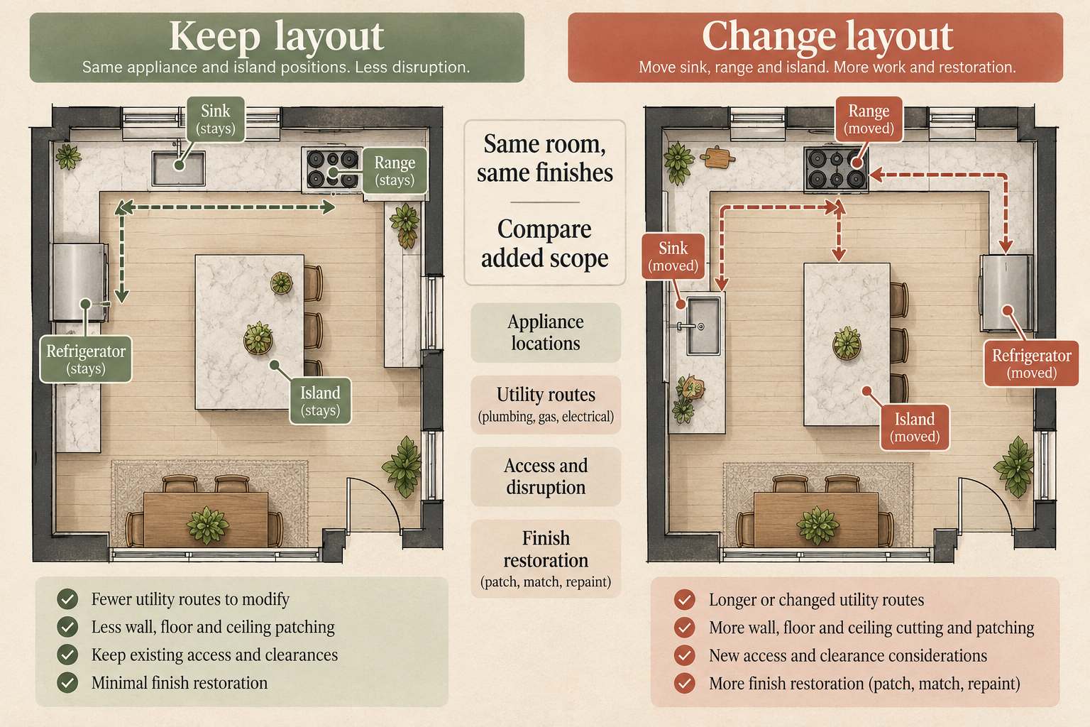 Side-by-side kitchen plans compare keeping existing sink, cooking, refrigerator, and island locations with a changed layout that adds utility routing and finish restoration; compare both under the same room and finish assumptions.