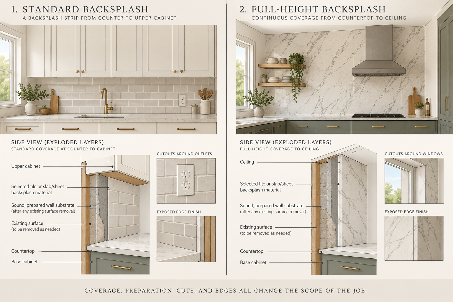 Standard and full-height backsplash coverage with wall preparation, cutouts, and finished edges shown as separate scope elements.