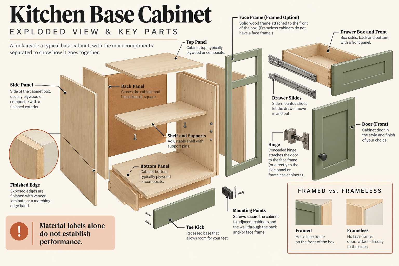 Exploded cabinet view labeling the box, back, door, drawer and slides, hinge, shelf support, finished edge, toe kick, and mounting points; material labels alone do not establish performance.