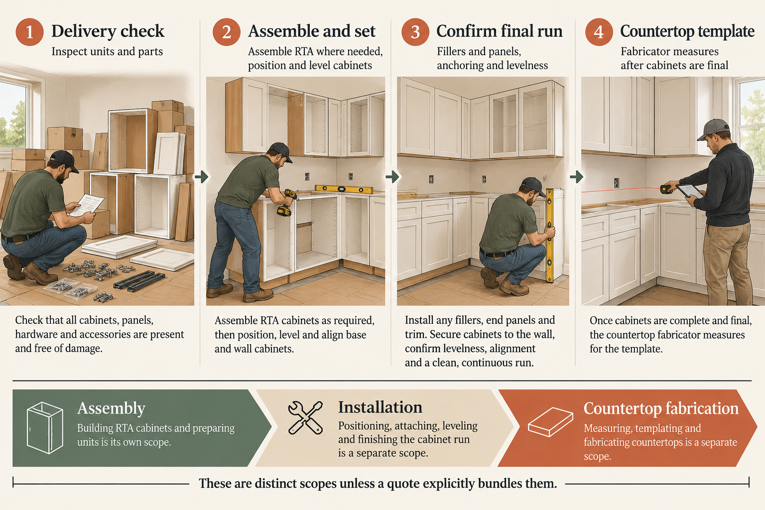 Cabinet installation handoffs run from delivery inspection through assembly and leveling to final cabinet dimensions and countertop templating; assembly, installation, and fabrication may be separate quote scopes.