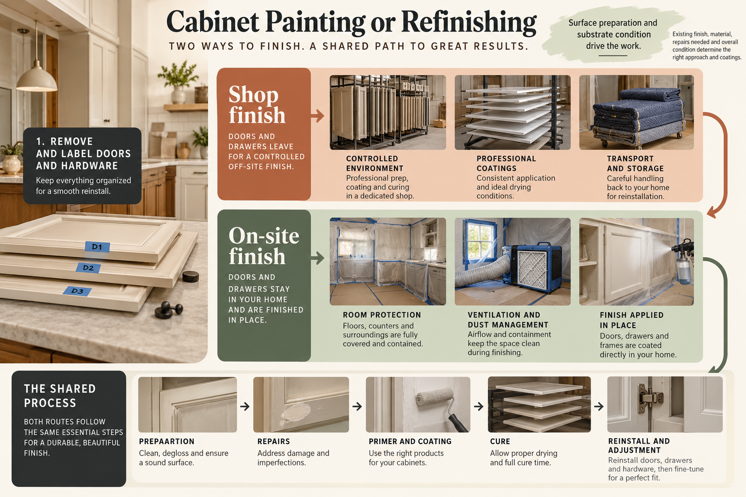 Cabinet finishing can happen in a shop or on site, but both routes require preparation, repairs, coating, cure, and reinstall; substrate condition drives the work.