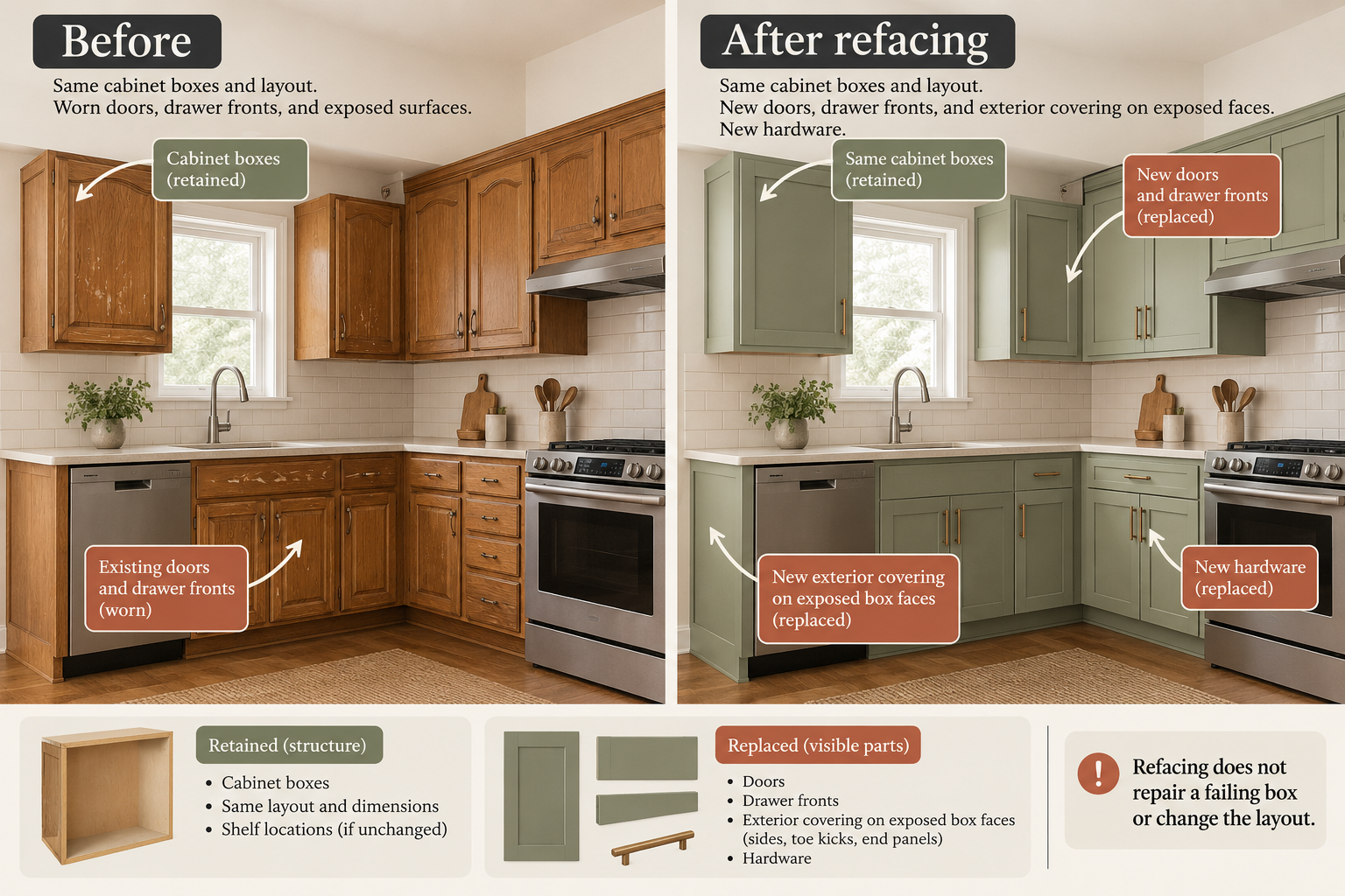Before-and-after cabinet refacing: the boxes and layout remain while doors, drawer fronts, exposed coverings, and hardware change; refacing does not repair a failing box or change the layout.