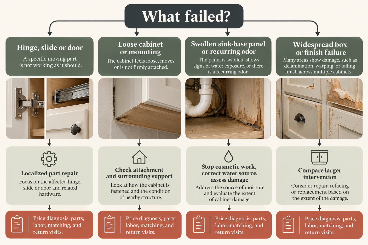 Cabinet repair scope depends on what failed: localized hardware, mounting or moisture-related damage, or widespread condition; diagnose the cause and price labor, parts, matching, and return visits.
