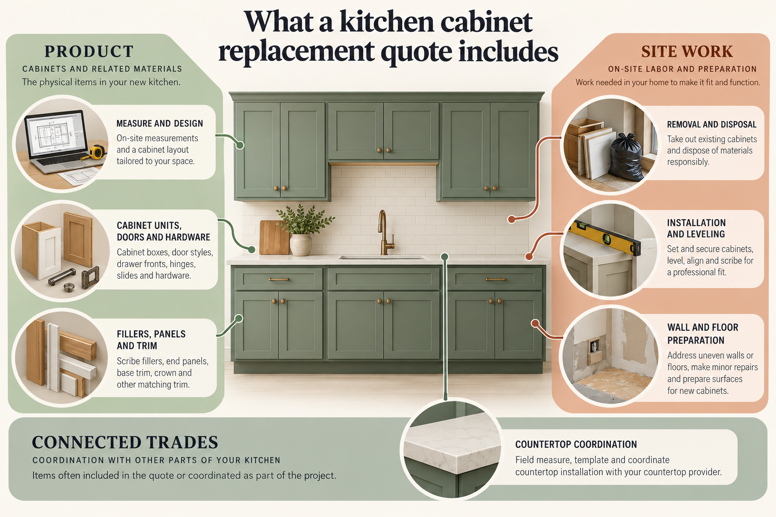 A kitchen cabinet replacement quote includes measured units and hardware, fillers and trim, delivery and assembly, removal and disposal, installation, site preparation, and countertop coordination.