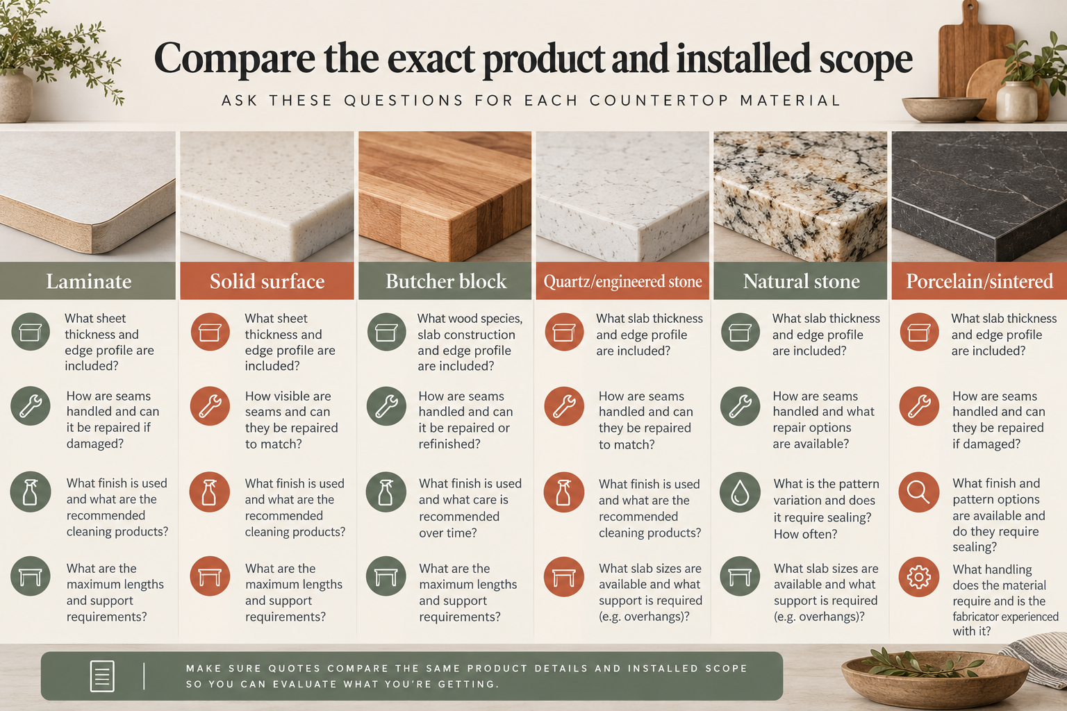 Compare exact countertop products by installed-scope questions: laminate sheet and edge, solid-surface seams and repair, wood finish and care, slab yield and support, stone pattern and sealing, and fabricator handling.