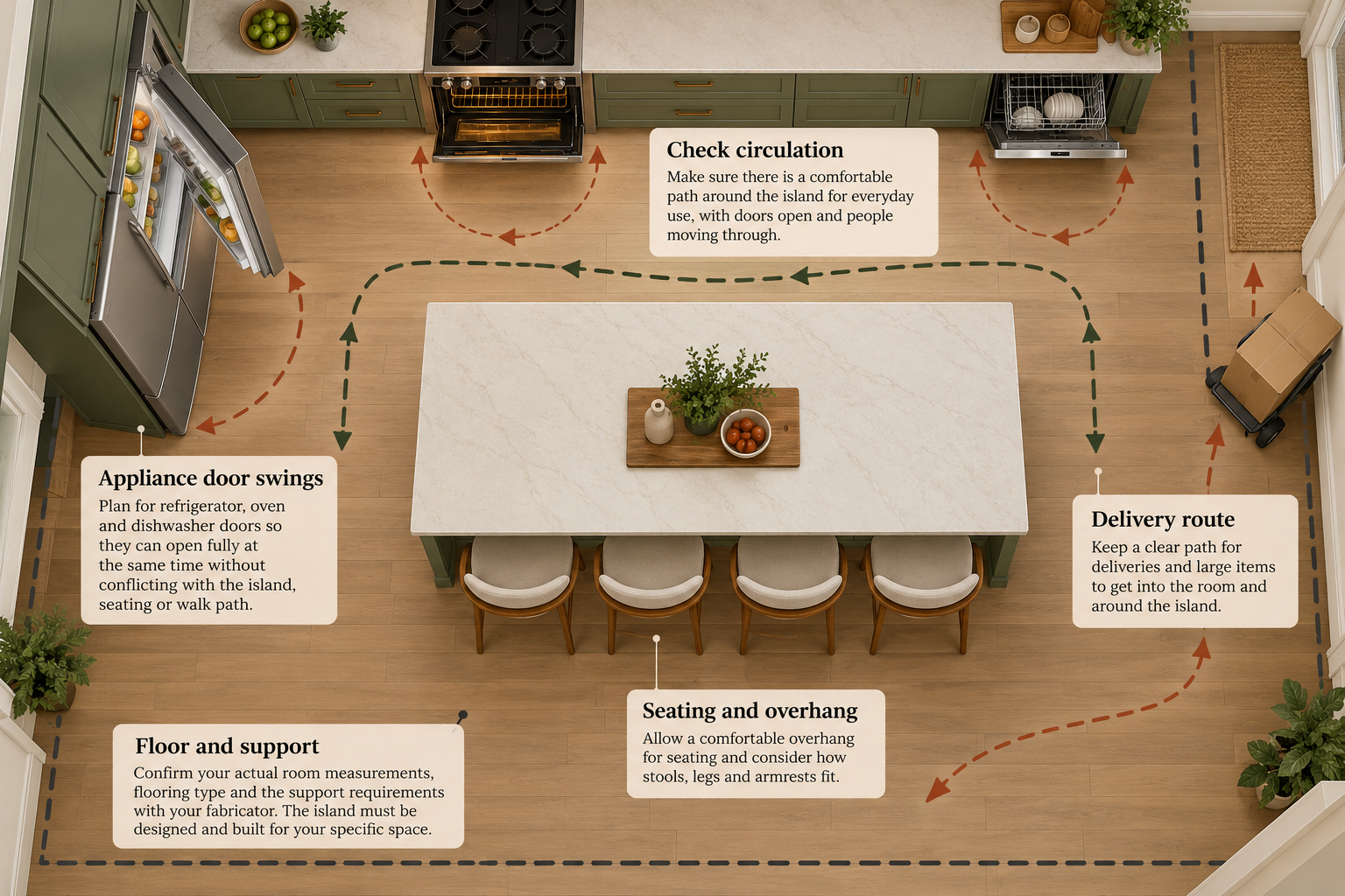 A storage island plan should account for appliance door swings, seating, circulation, delivery access, floor boundaries, and fabricator-specific countertop support.
