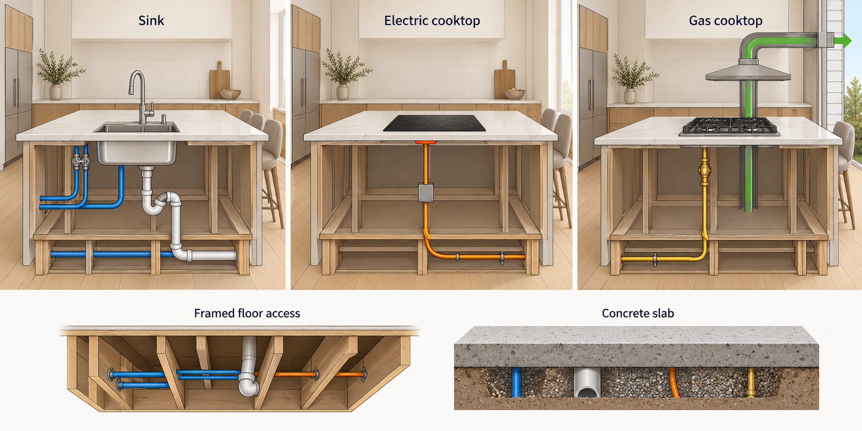 Conceptual utility paths for a sink, electric or gas cooktop island, with framed-floor and slab access examples.