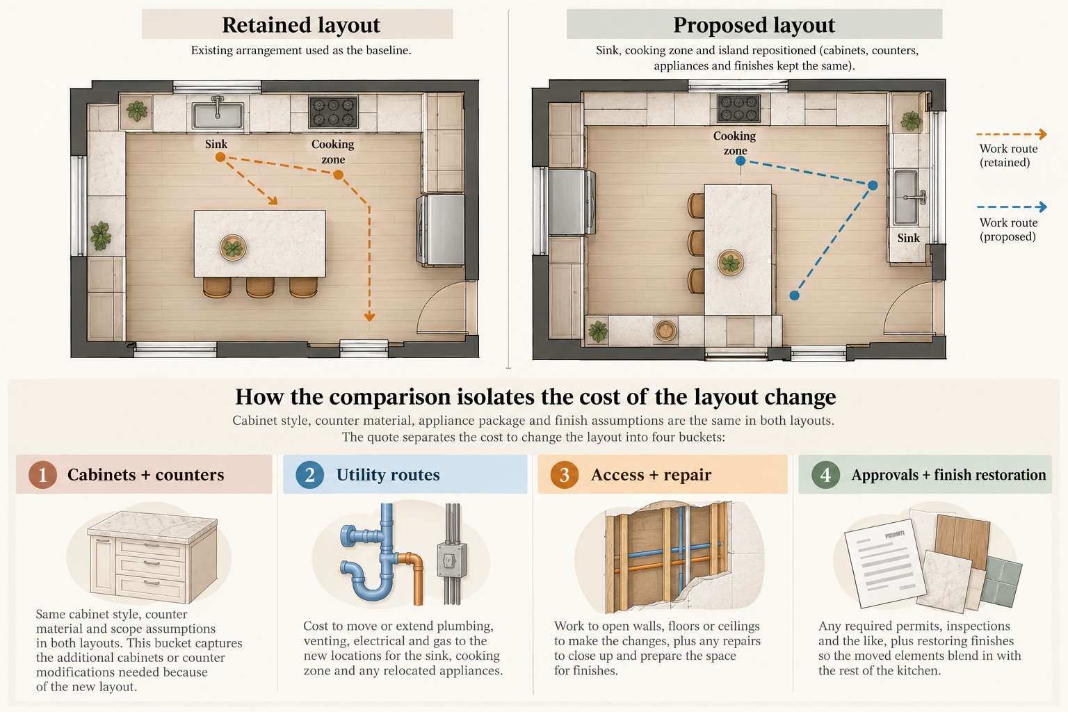 Retained and proposed kitchen layouts compared with utility routes and four categories of layout-change work.