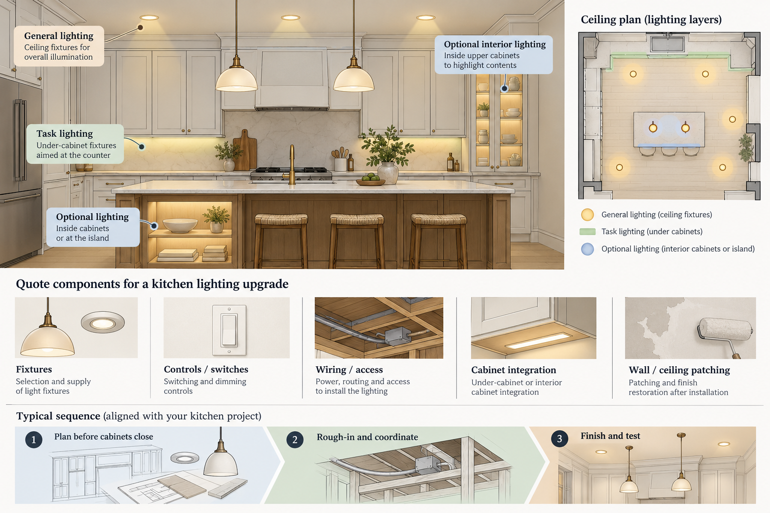 Kitchen lighting layers and quote components, including fixtures, controls, wiring access, cabinet integration, and finish repair.