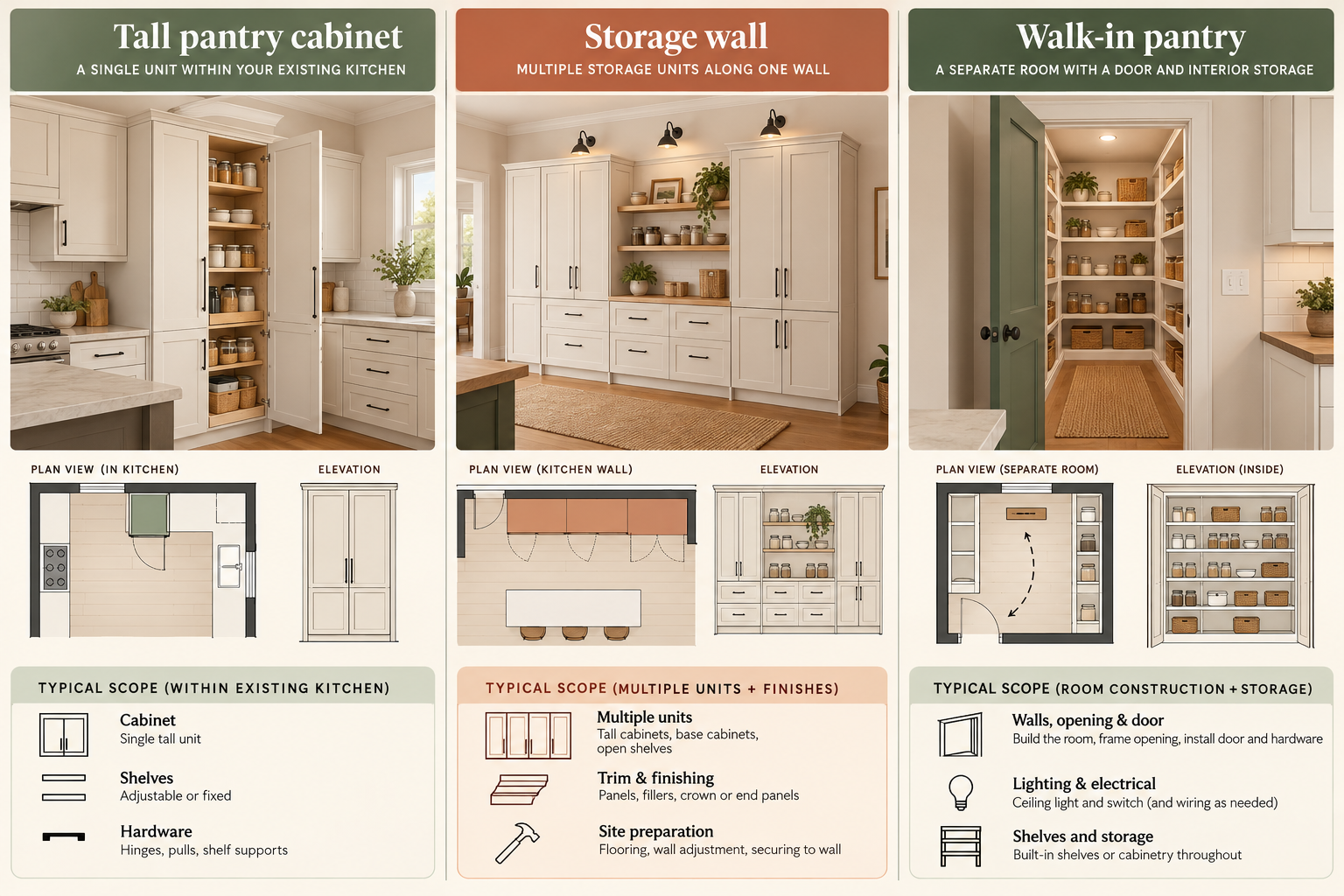 Pantry options range from a tall cabinet within the kitchen, to a multi-unit storage wall, to a walk-in room that adds walls, an opening, door, lighting, and circulation space.