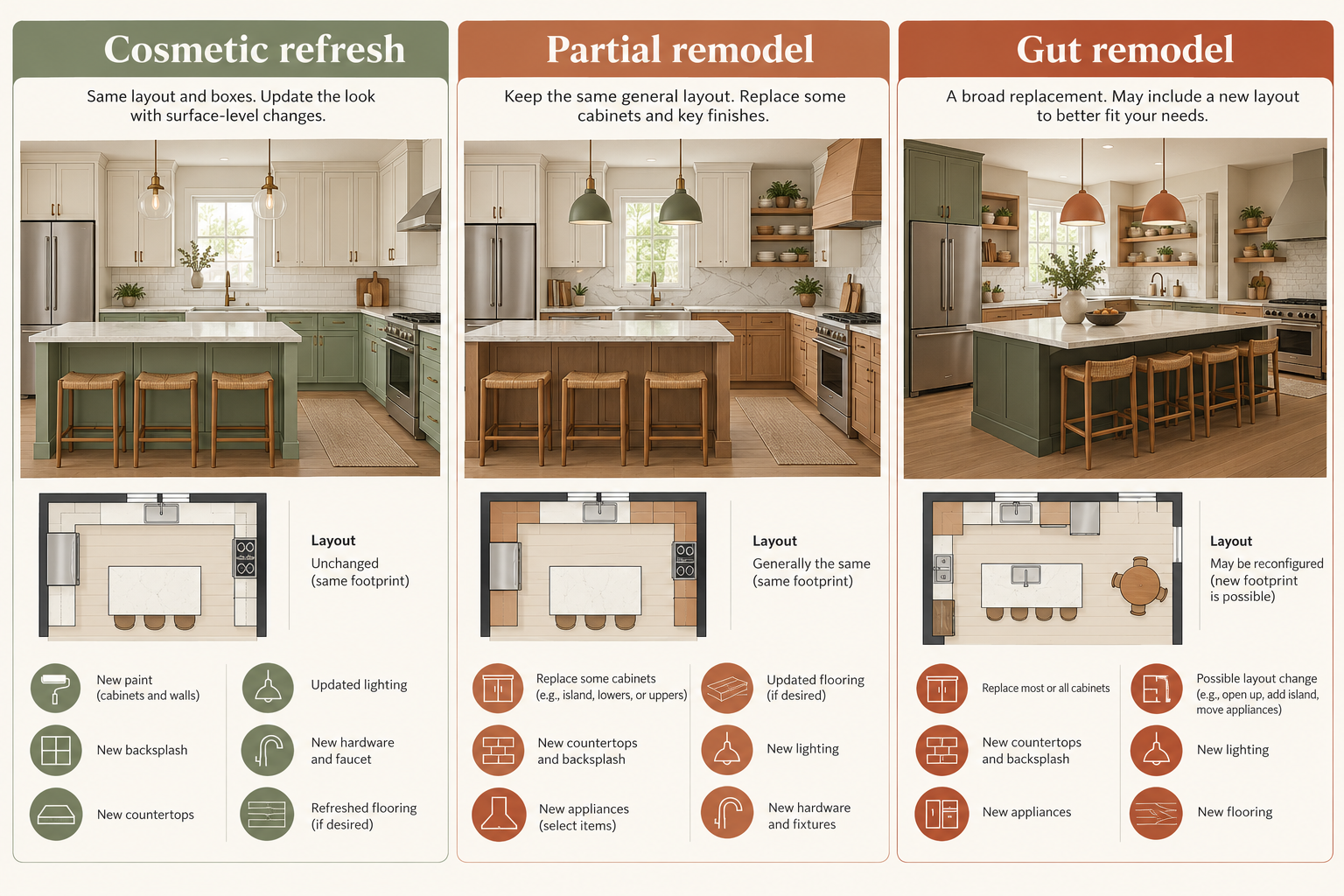 Three kitchen renovation scopes compared: cosmetic refresh, partial remodel, and gut remodel, with examples of retained and replaced work.