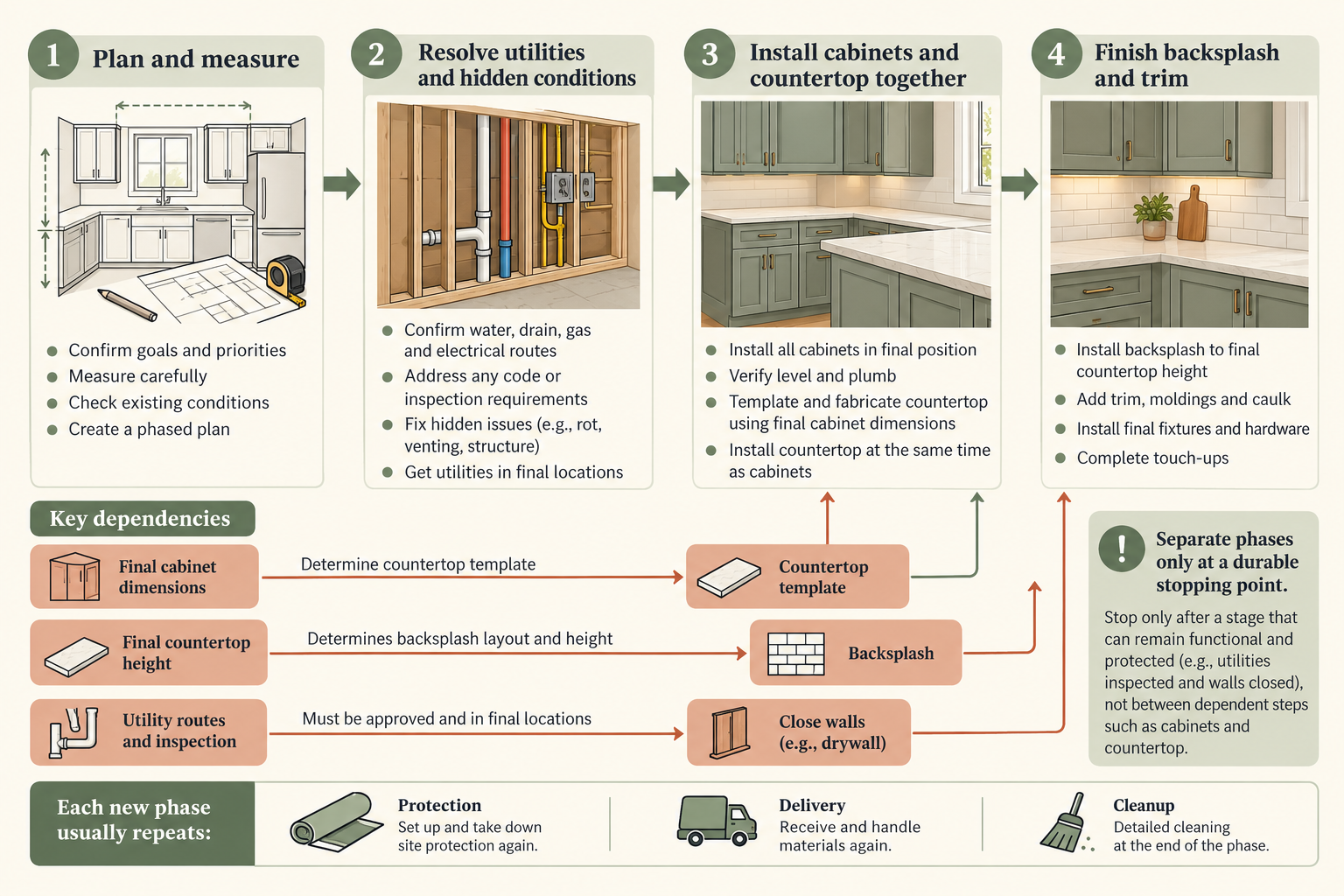 Kitchen remodel phases depend on settled measurements, utility routes, cabinet dimensions, countertop templating, and final backsplash height; separate work only at a durable stopping point.