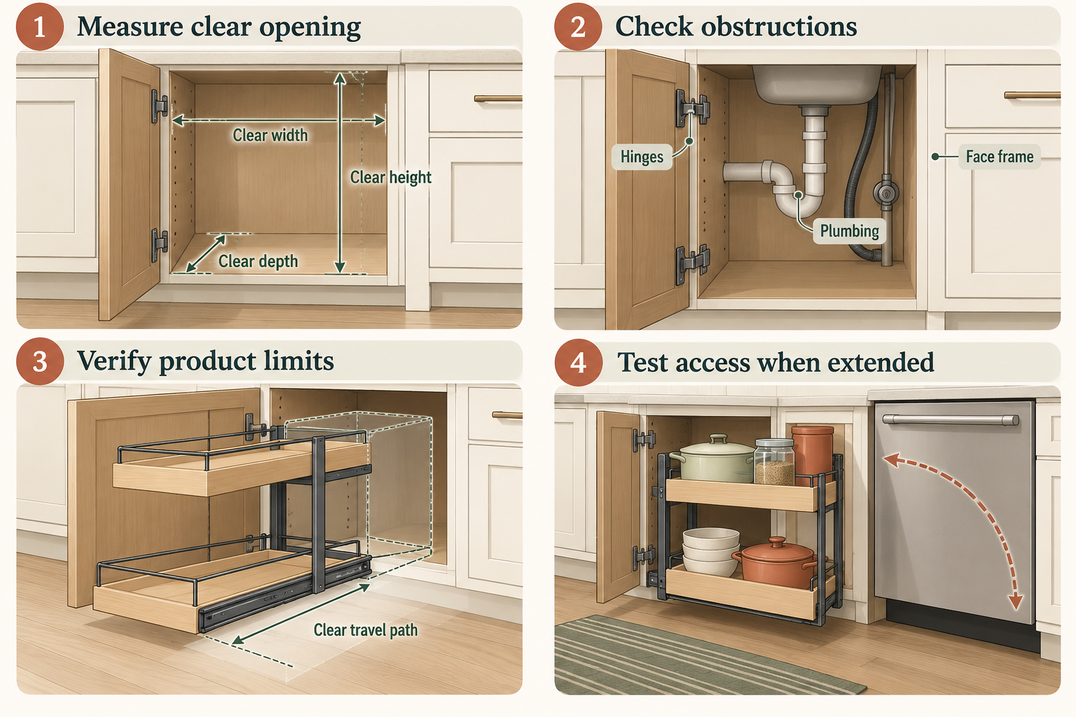 A cabinet pullout retrofit depends on clear opening width, depth, and height, plus hinges, face frame, plumbing, and the mechanism’s travel and surrounding clearances.