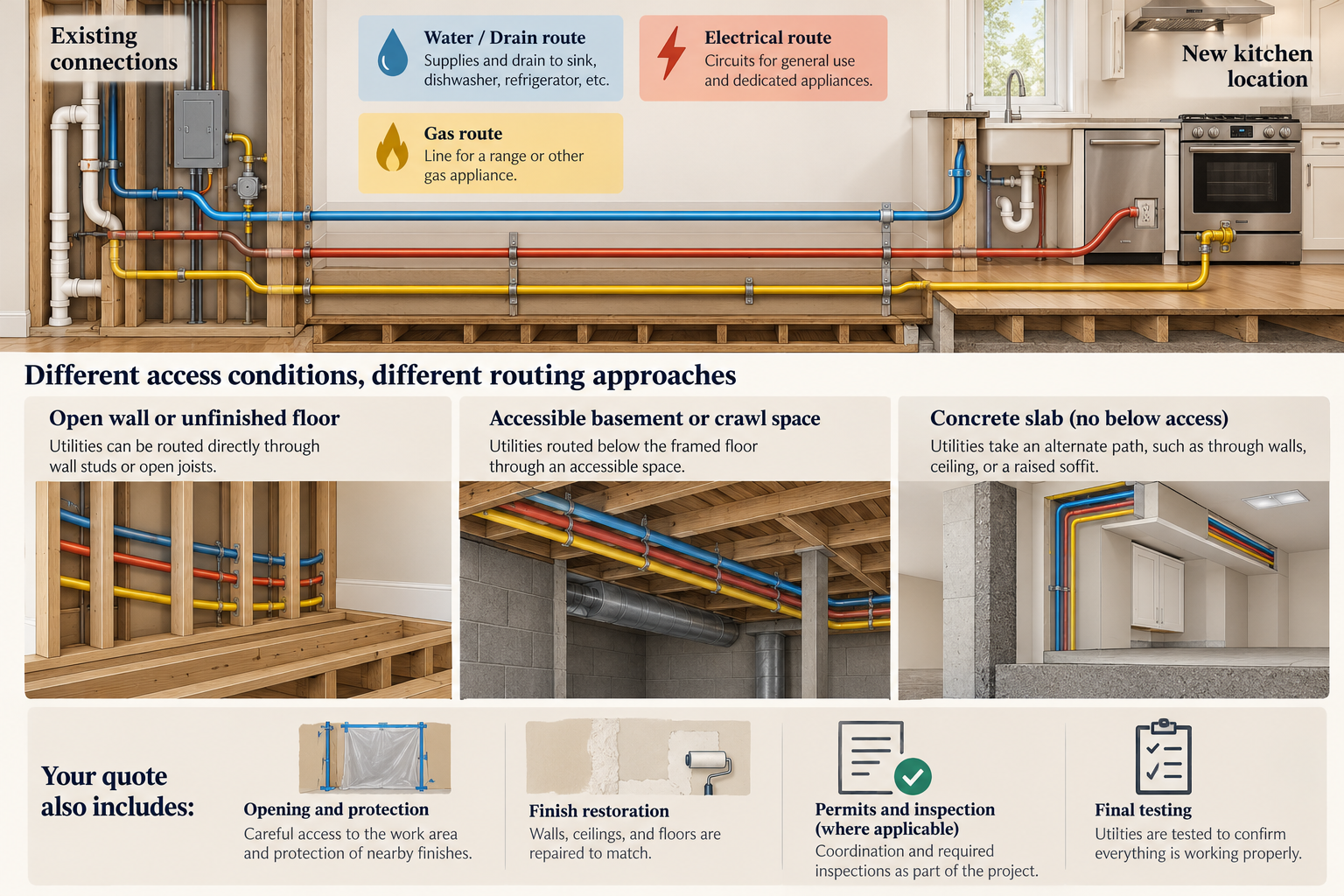 Kitchen utility routes compared across open-wall, framed-floor, and concrete-slab access, with restoration and approval quote items.