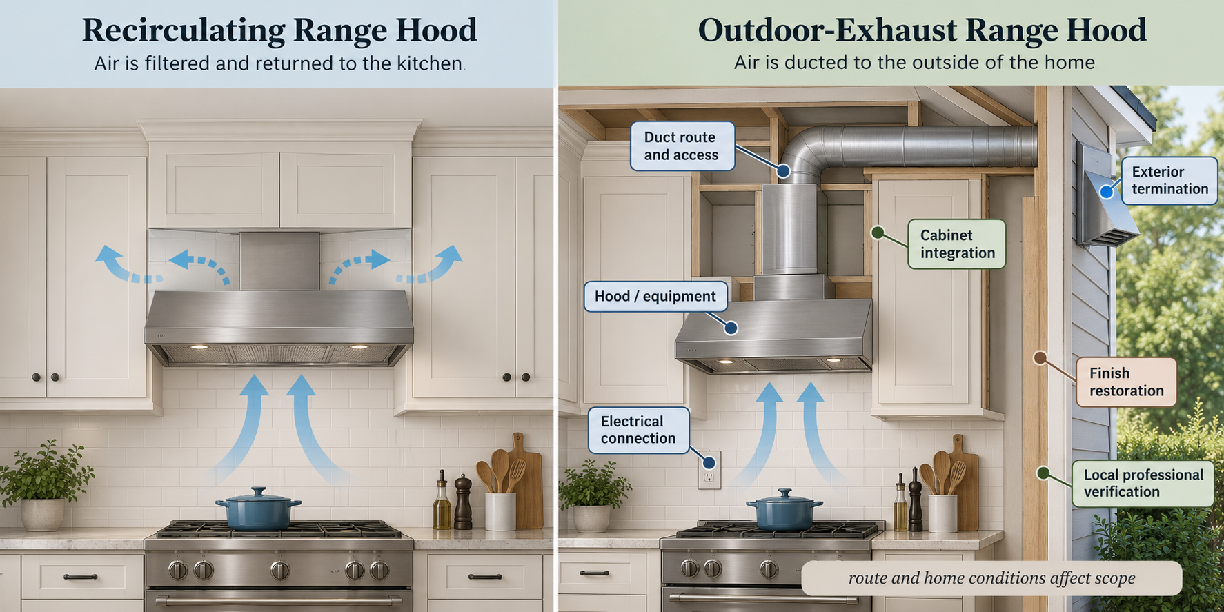 Recirculating and outdoor-exhaust hood arrangements compared, with duct route, termination, cabinet, electrical, restoration, and local verification scope.