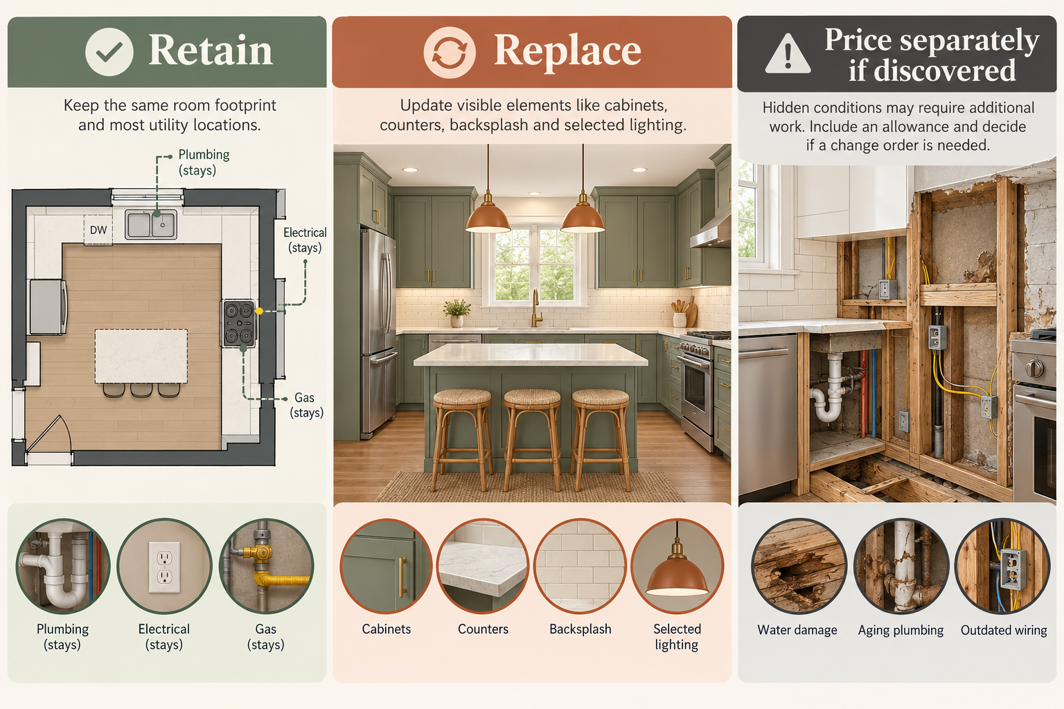 A partial kitchen remodel retains the room footprint and many utility locations, replaces selected components, and prices concealed-condition work separately if discovered.