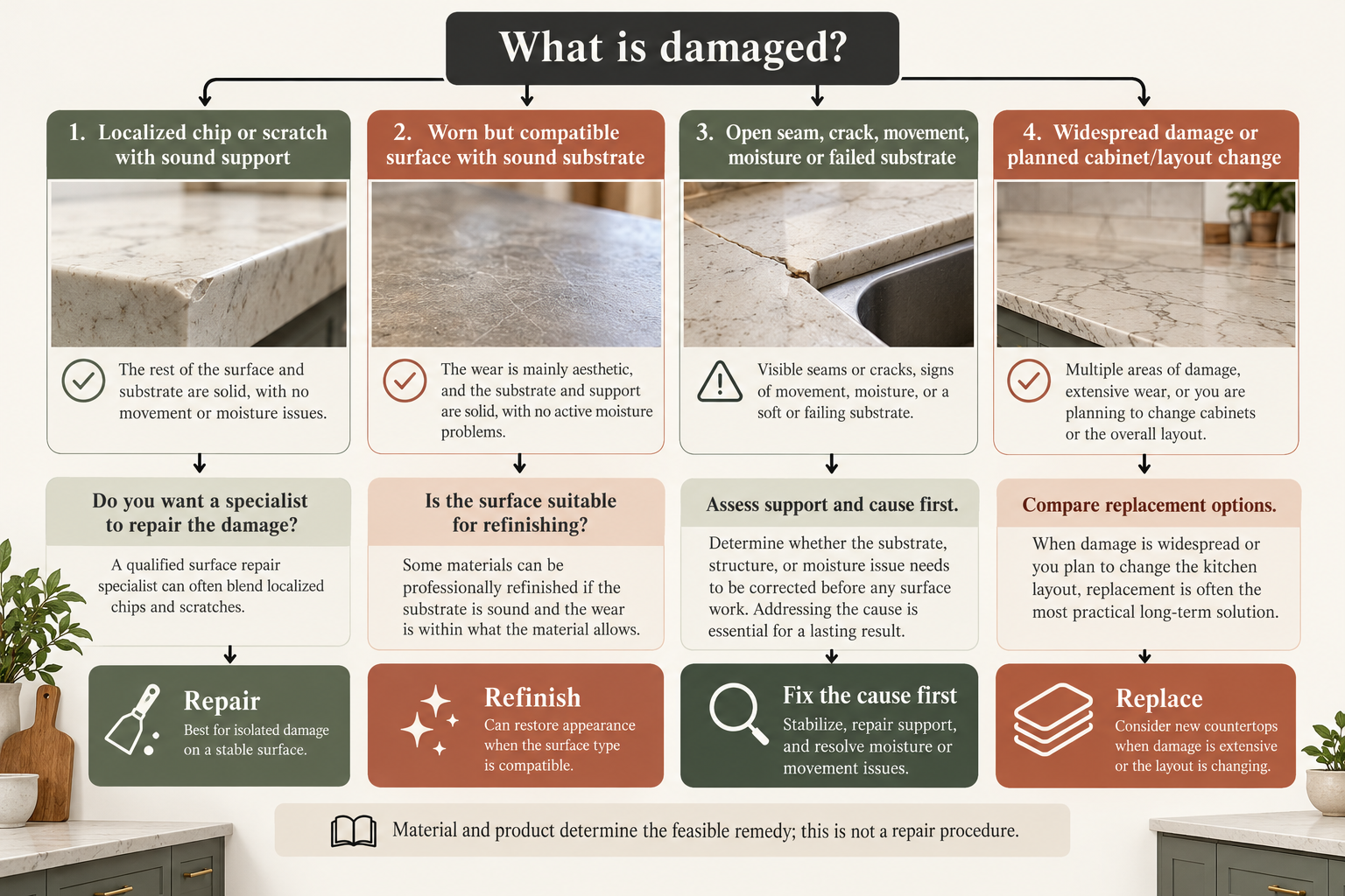 Countertop remedy depends on the damage and material: ask about specialist repair for a localized defect, refinishing for a suitable worn surface, assess support and cause for movement or moisture, and compare replacement for widespread damage or planned cabinet work.