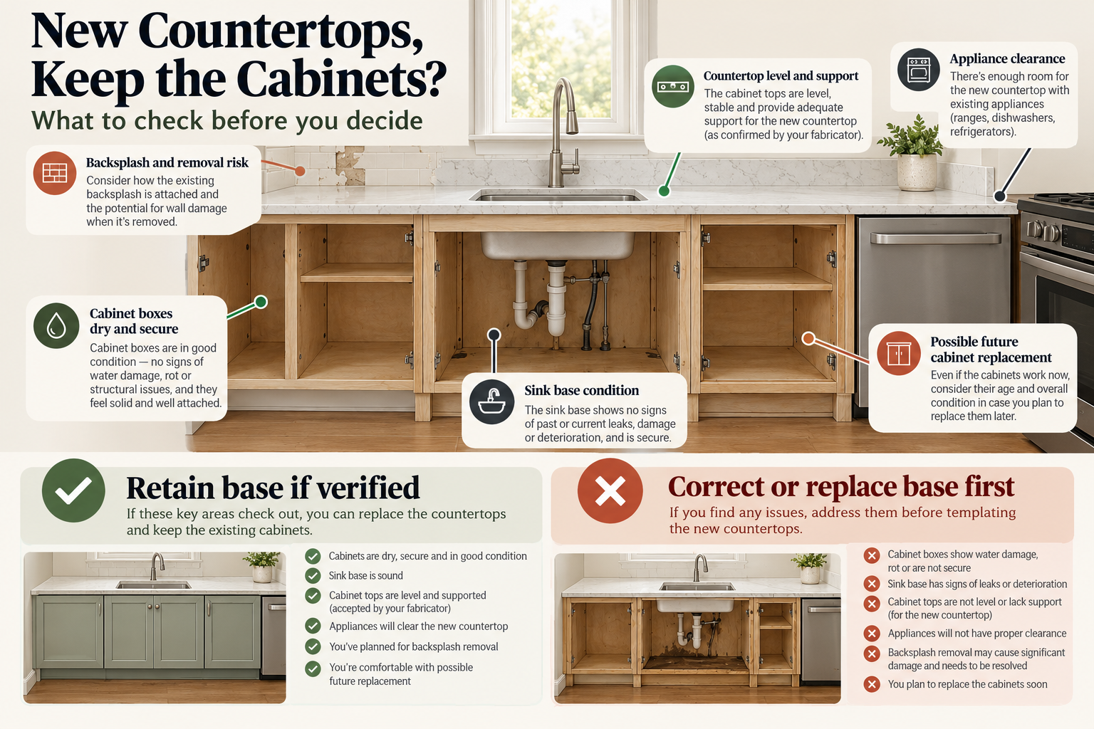 Before keeping cabinets under a new countertop, verify box and sink-base condition, fabricator-approved level/support, appliance clearance, removal risk, and future cabinet plans.