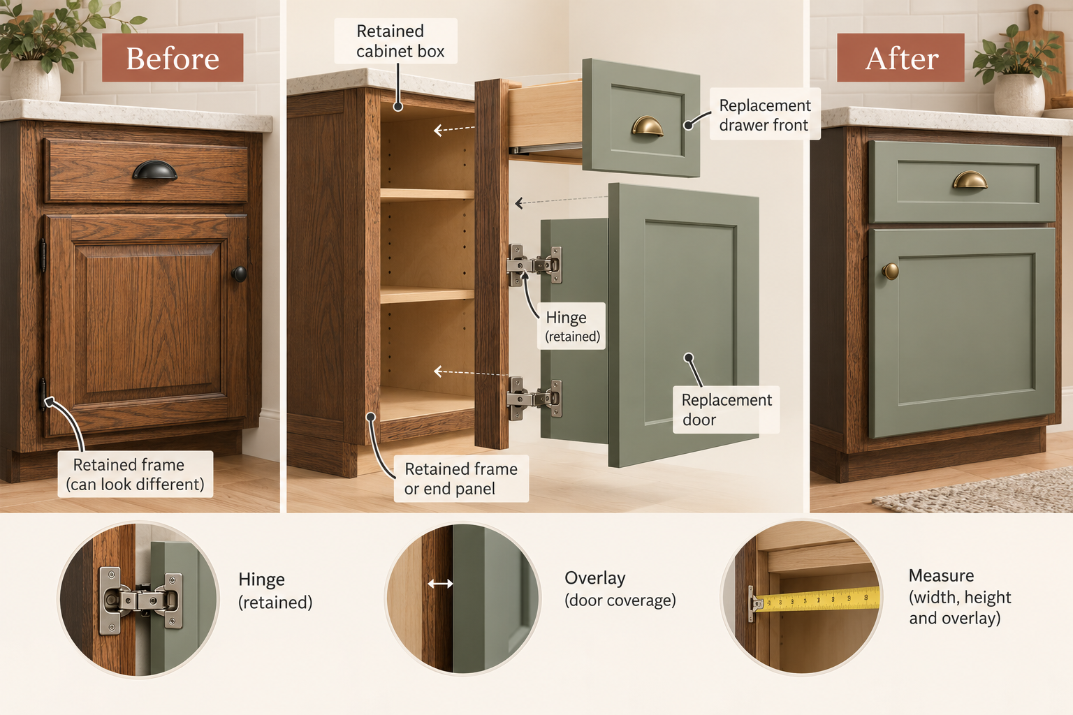 Replacing cabinet doors and drawer fronts retains the cabinet box and may retain fixed frames and end panels; confirm hinge overlay, measurements, and visual matching.