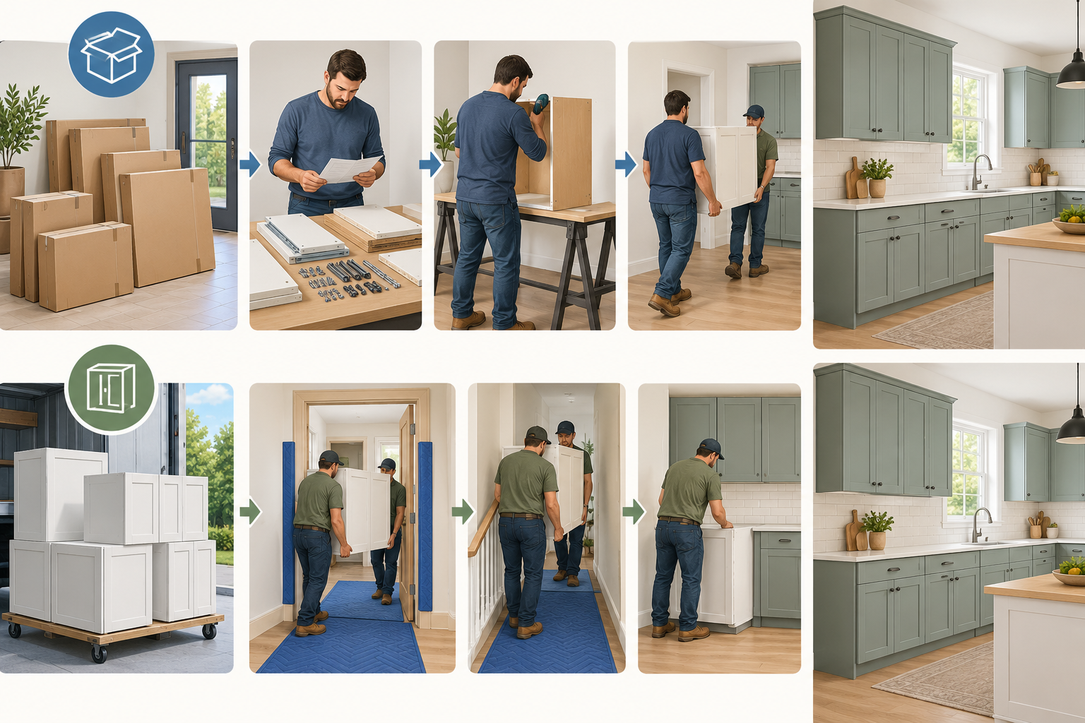 Flat-pack cabinets are unpacked and assembled before being carried into the kitchen; preassembled cabinets are carefully moved through a protected doorway and hall; both paths end with installed cabinets.