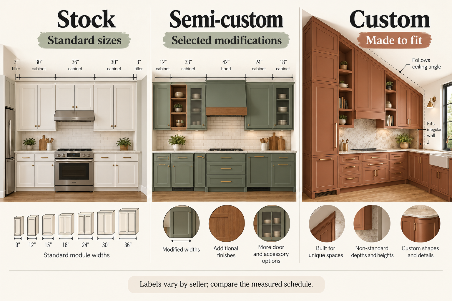 Stock cabinets use standard sizes and fillers, semi-custom systems allow selected changes, and custom cabinets can fit unusual dimensions; compare the measured schedule because seller labels vary.