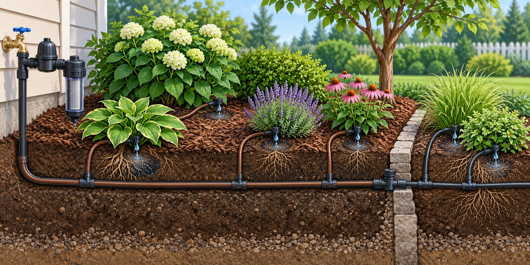 Cutaway illustration of a drip irrigation zone with a filter, pressure regulator, branching tubing, and emitters delivering water near plant roots.