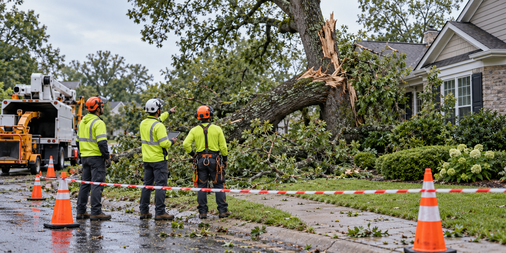 Illustration of a professional crew assessing a storm-damaged tree near a home from a controlled safe work area.