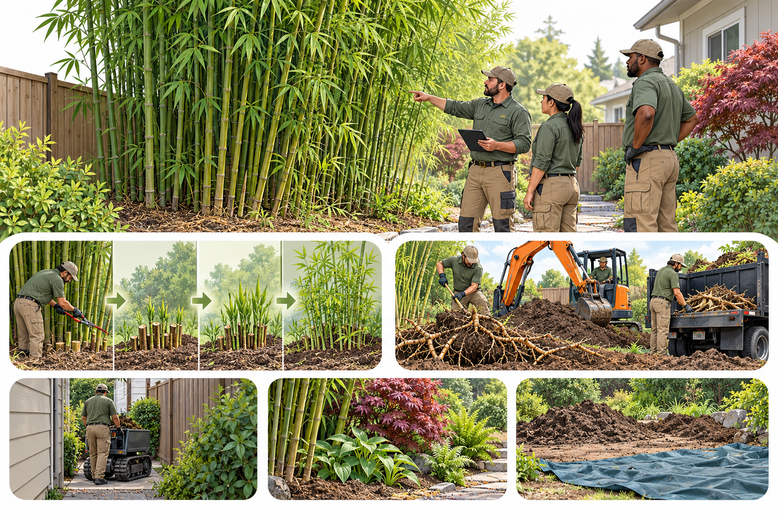A landscape crew compares repeated bamboo control with planned rhizome removal, access, and contained soil handling.