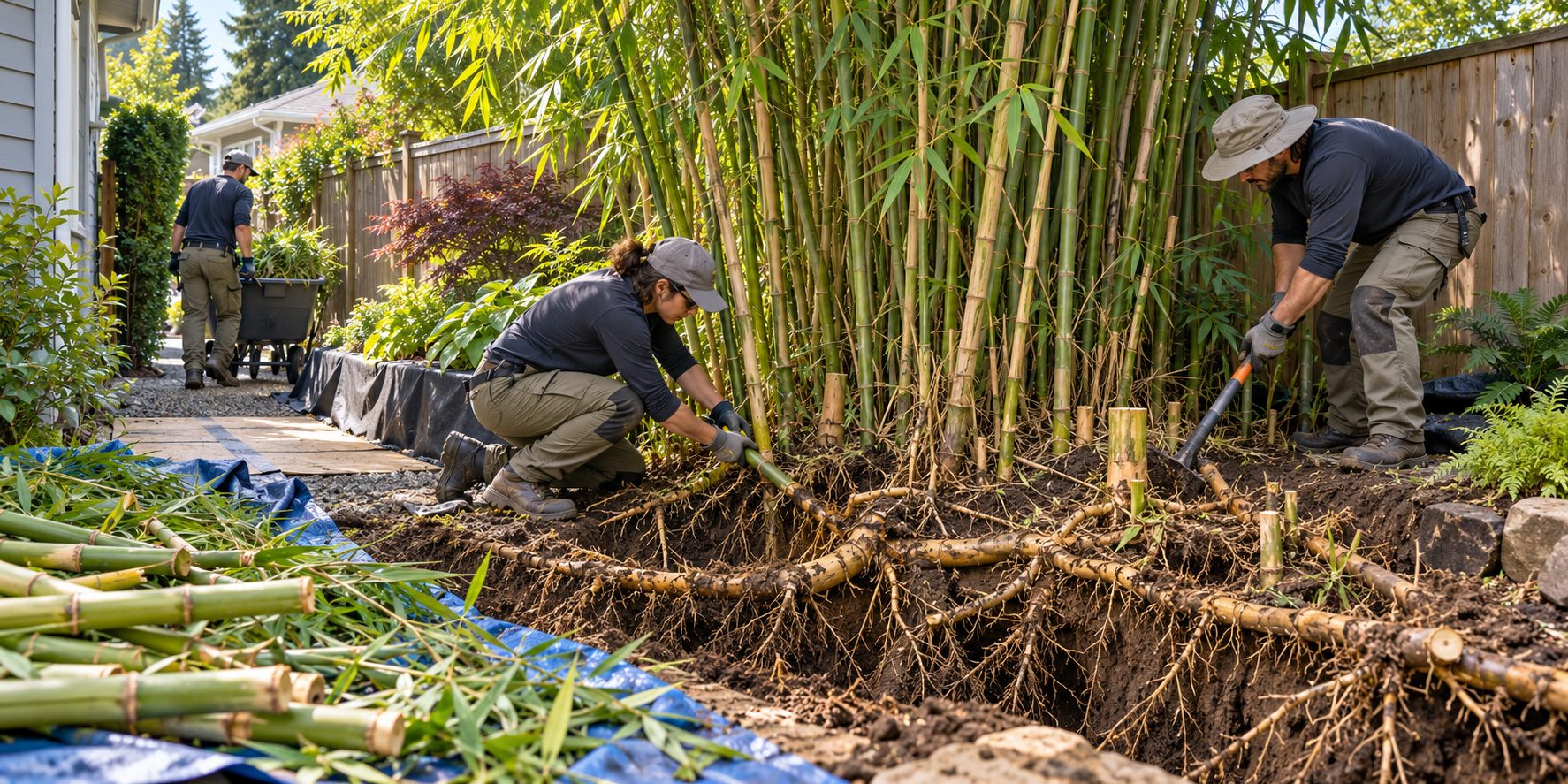 Illustration of a crew assessing bamboo spread and removal access beside a residential fence while protecting nearby plants.