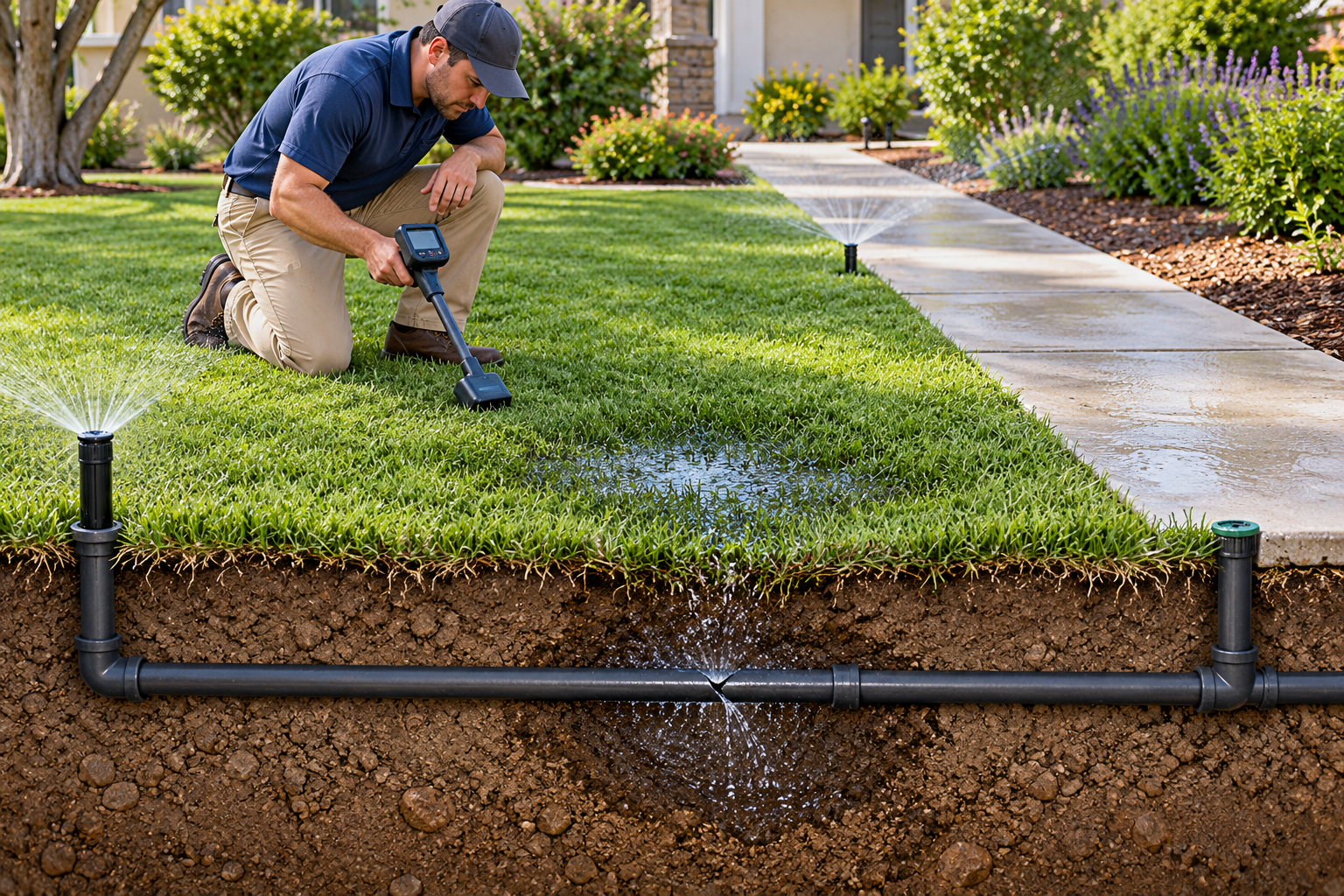 Illustration of an irrigation technician checking whether a wet patch near a walkway may connect to a leak in a buried irrigation line.