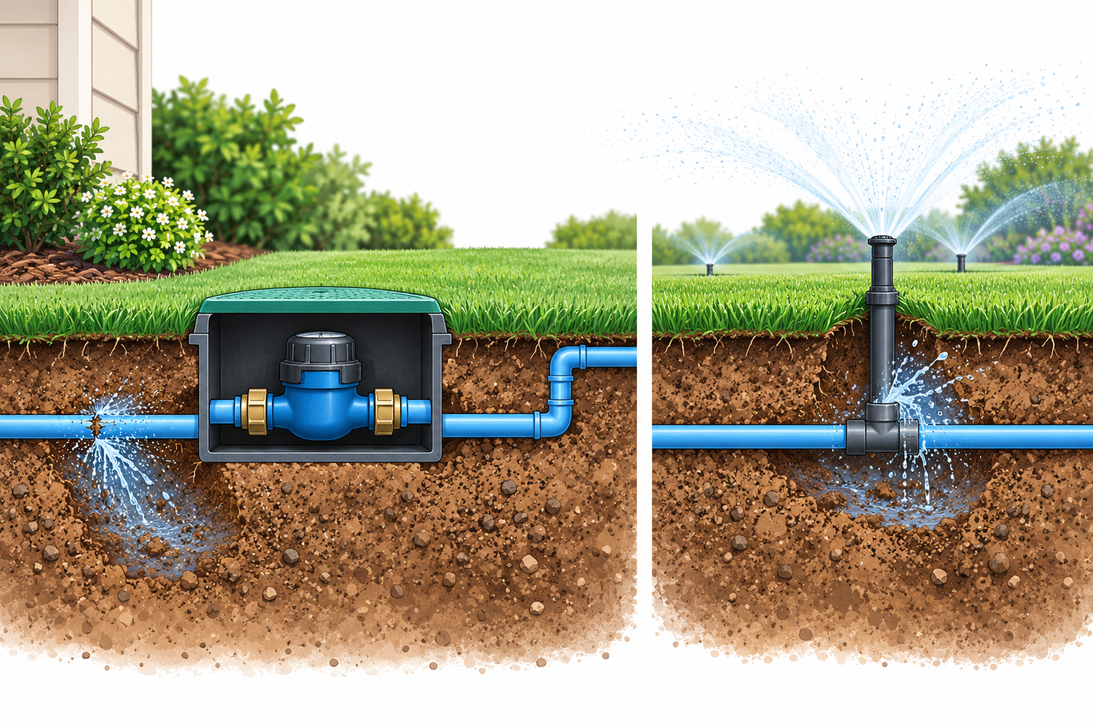 Cutaway comparison of a leak on the supply pipe before the irrigation meter and a leak at a sprinkler head within an irrigation zone.
