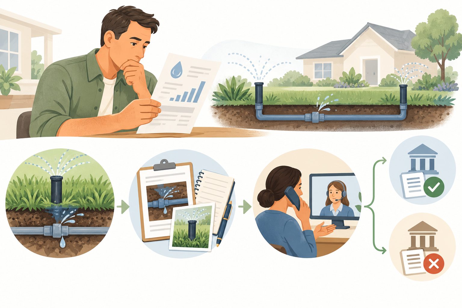 A homeowner documents an irrigation leak repair and contacts the water utility to check whether a local bill adjustment applies.