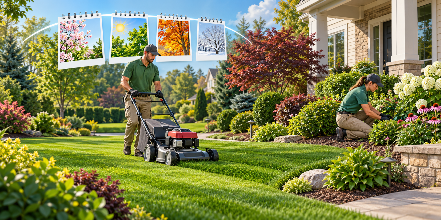 Illustration of a recurring landscape maintenance visit covering lawn, garden beds, and shrubs at a residential property.