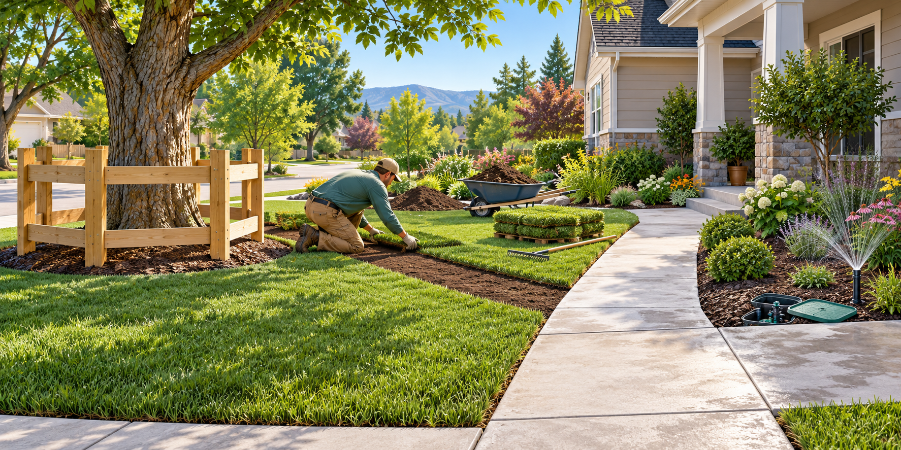 Illustration of a landscaper restoring disturbed ground after utility work with soil, sod, planting, and irrigation checks.
