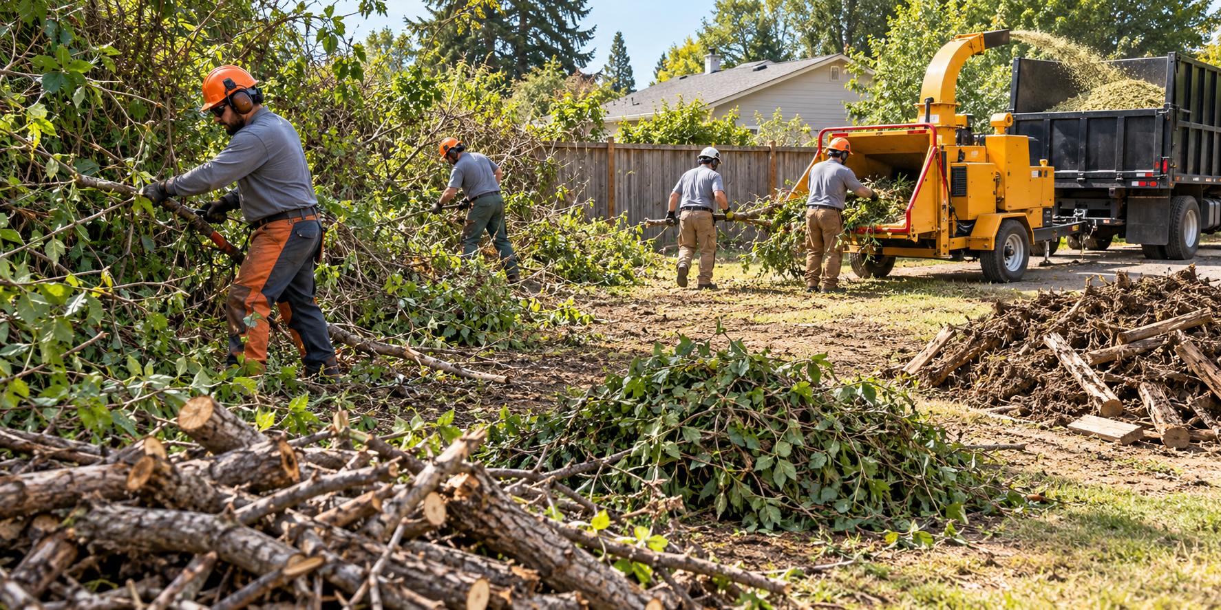 Illustration of a professional crew clearing brush and branches from a fenced residential yard, with equipment and debris handling visible.