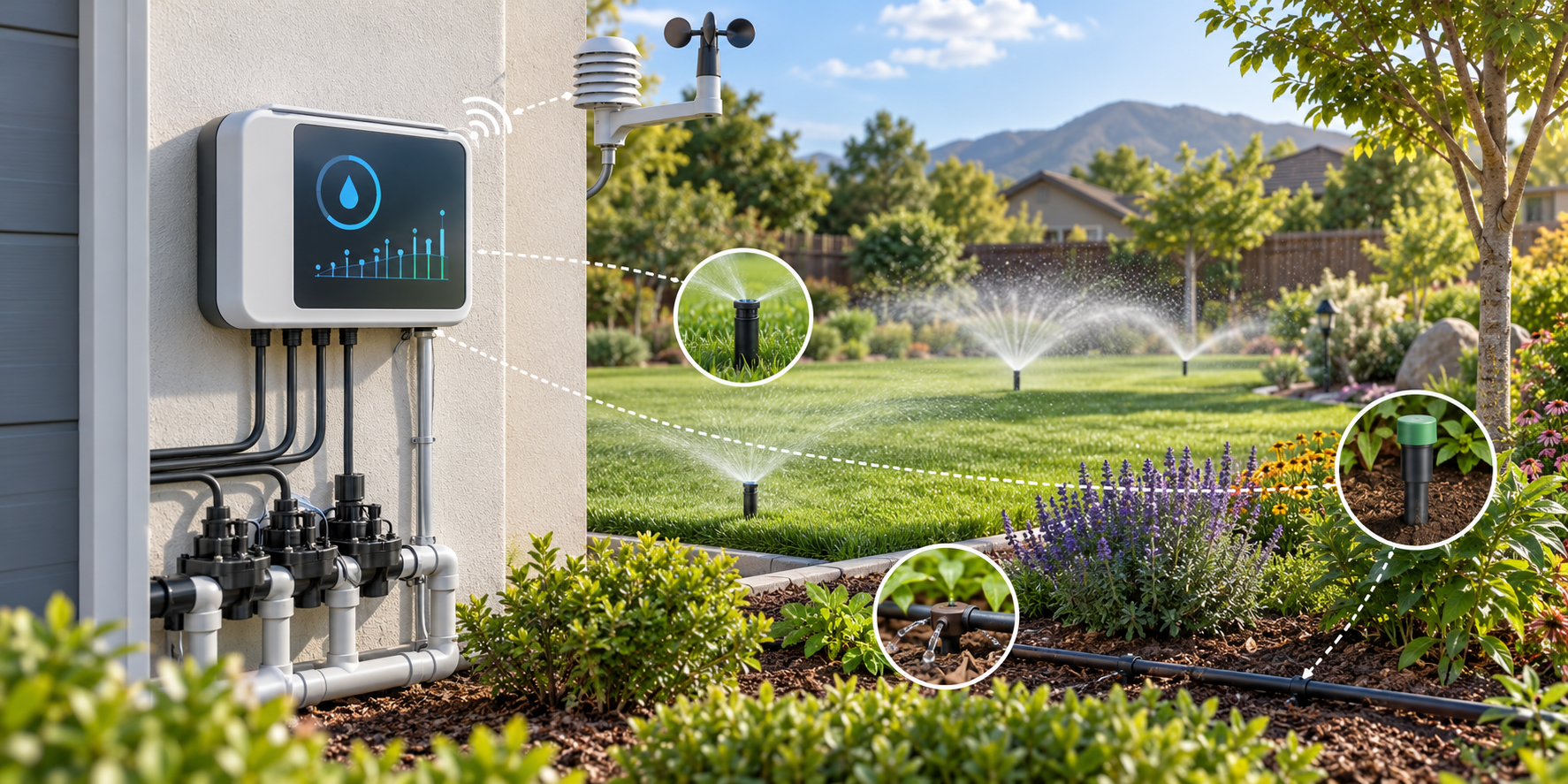 Illustration of a residential irrigation controller coordinating lawn and garden zones with weather and soil-moisture sensor cues.